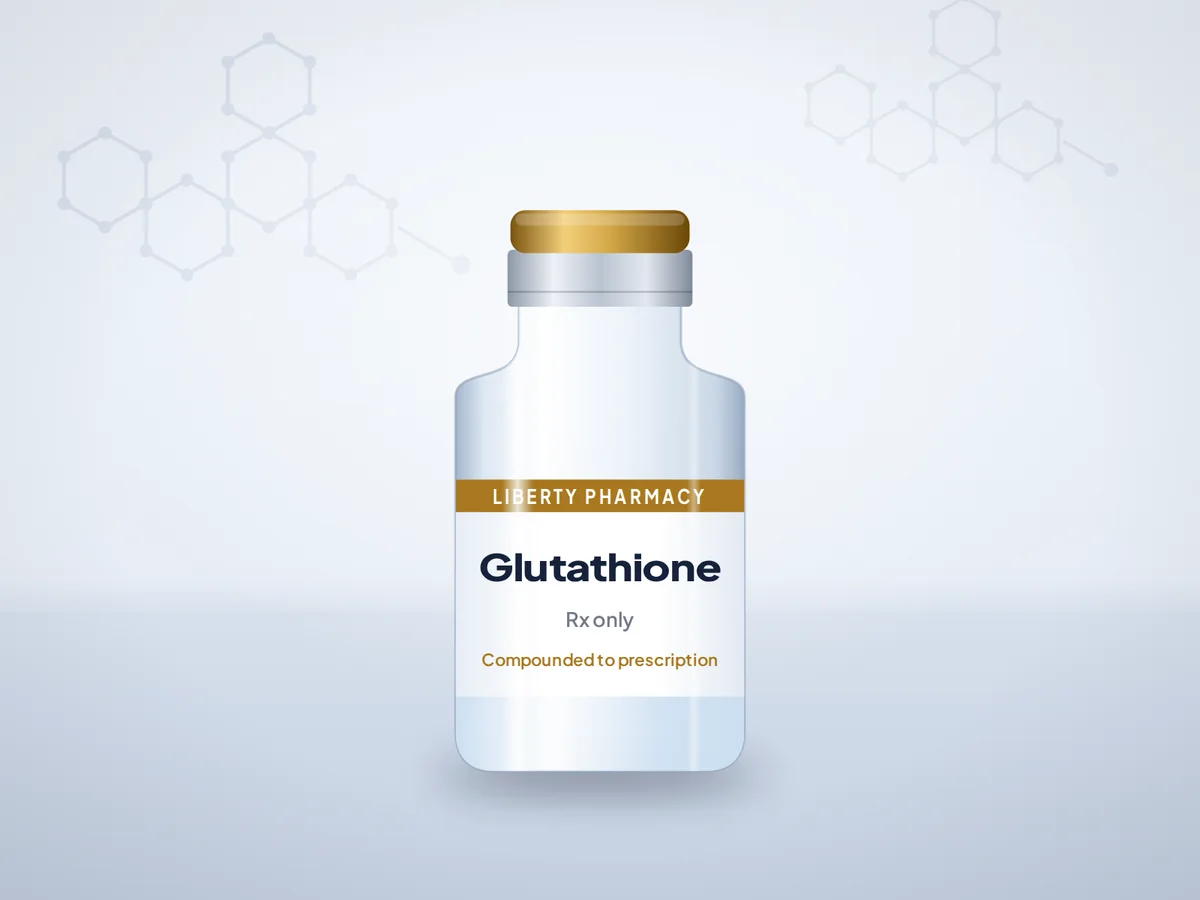 Liberty Pharmacy glutathione vial with a pharmacy label