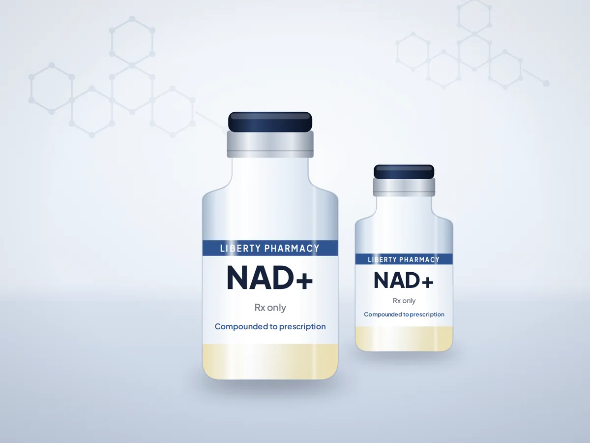 Liberty Pharmacy NAD+ vials with a pharmacy label