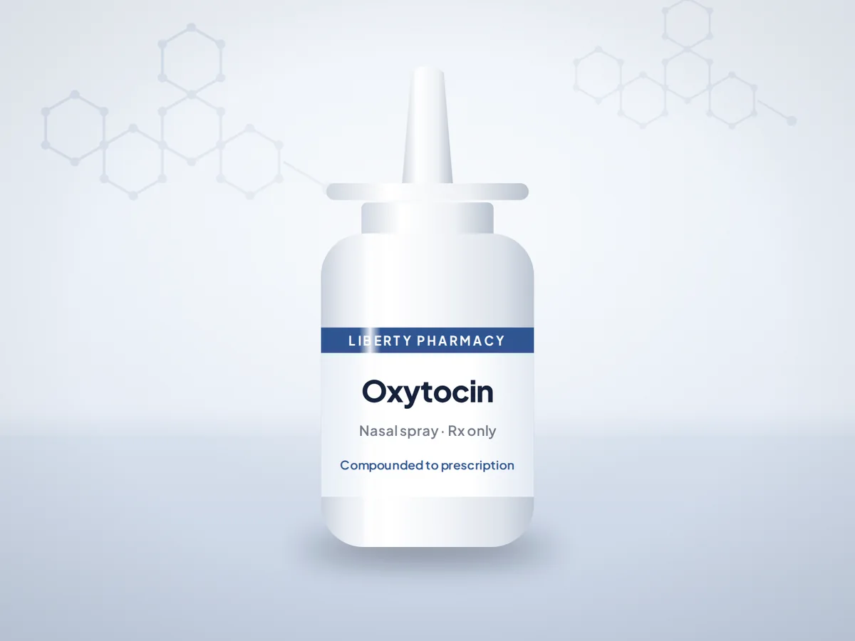 Liberty Pharmacy oxytocin nasal spray bottle with a pharmacy label