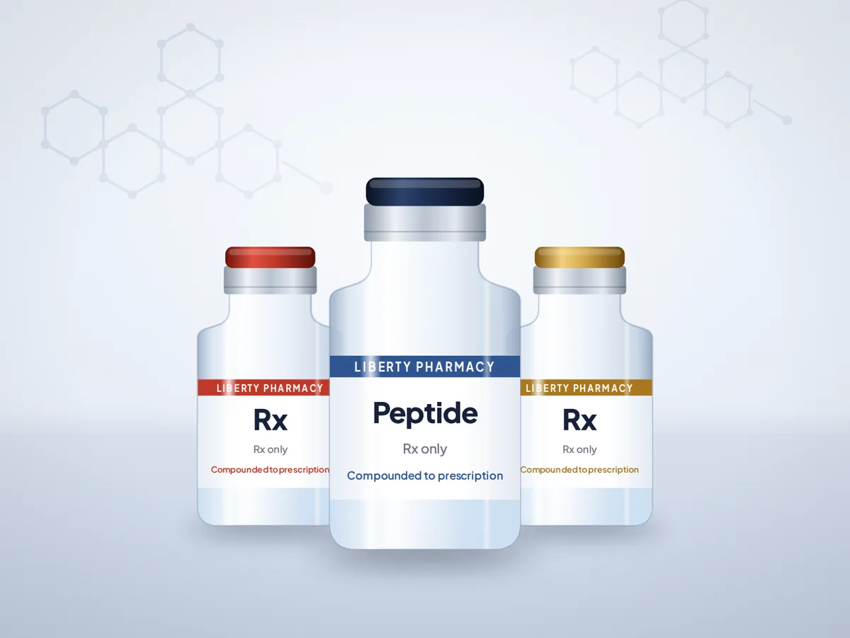 Liberty Pharmacy prescription vials on a pharmacy counter