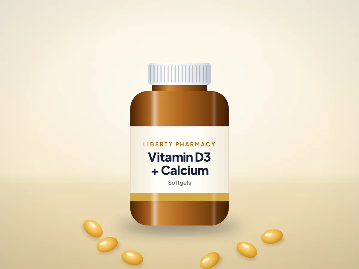 Liberty Pharmacy vitamin D3 and calcium bottle with softgels